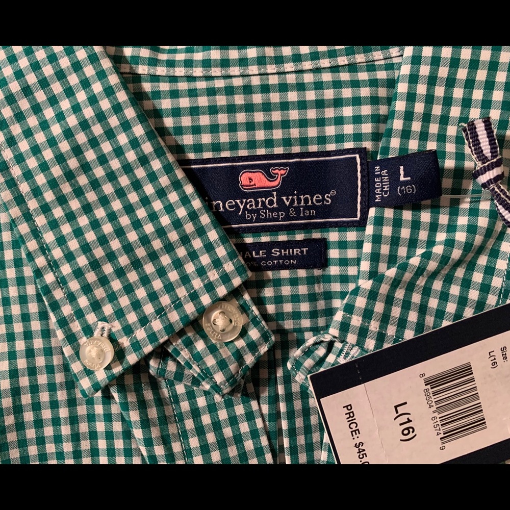 Vineyard Vines Boys L (16) Green Gingham Shirt
